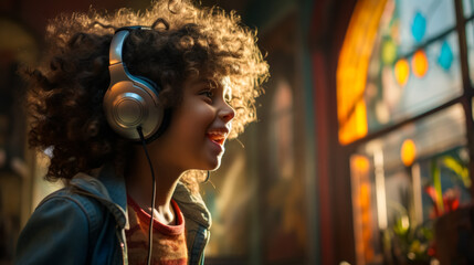 A young Afro girl 7 years old enjoying music in her cozy living room, wearing headphones and...
