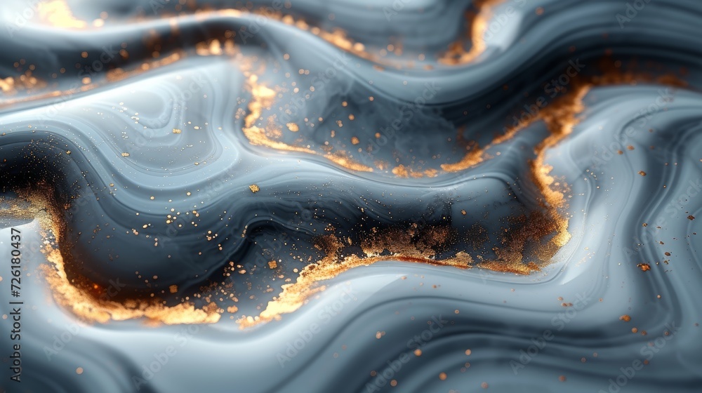 Poster 3d render, abstract liquid marble background with golden glittering sparkles - generative ai