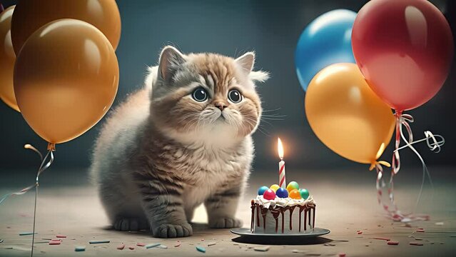 Cute cat celebrates birthday. Created with Generative AI.	
