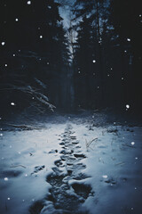 Mysterious dark forest at night with snowfall. Fantasy landscape