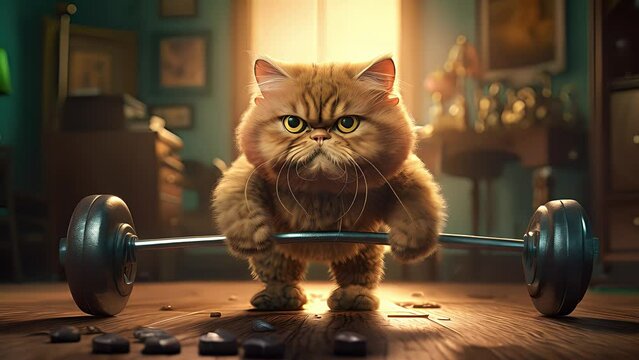 Adorable cat lifting weights. Created with Generative AI.	

