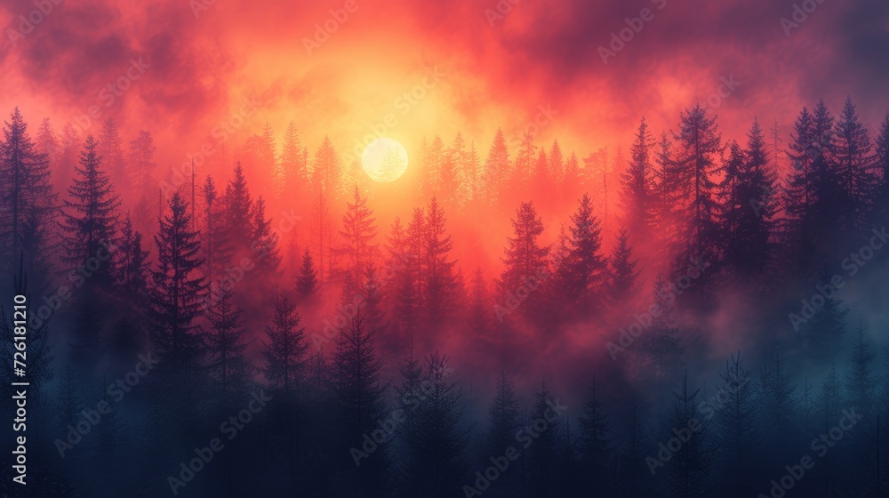 Poster foggy forest on a sunset background. 3d rendering. - generative ai
