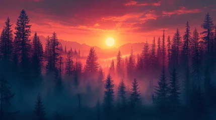 Selbstklebende Fototapeten Foggy forest in the mountains at sunset. Landscape. - Generative AI © AlexandraRooss