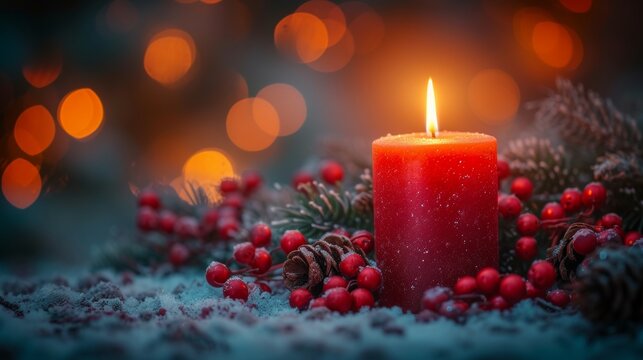 Christmas and New Year background with burning candle, fir branches, red berries and bokeh lights. - Generative AI
