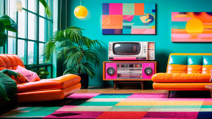 A colorful retro living room with a TV, couch, rug, and artwork on the walls.