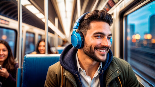 A man wearing a blue headphones is on a train, looking out the window and smiling.