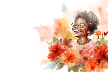 Watercolor old woman in glasses with flowers portrait background with blank space for decoration design