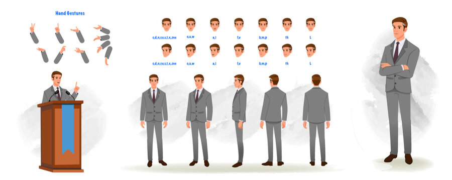 An International politician, leader model sheet. Politician creation set. International politician turnaround sheet, hand gestures, lip sync