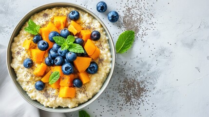 Millet porridge with blueberries, pumpkin and mango in a bowl