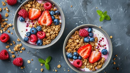 Two bowls of granola with fruits, Greek yogurt and berries top view. - obrazy, fototapety, plakaty
