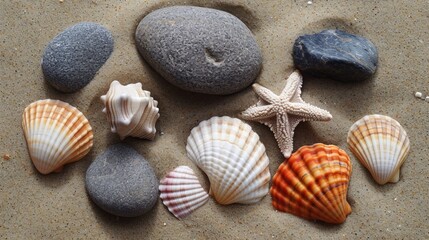 Close-up of assorted seashells on a sandy beach