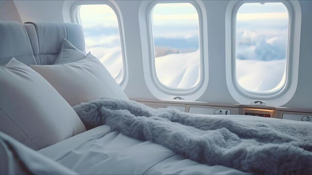 Surrounded by blankets of pristine snow, the private jet window showcases the serenity and beauty of the winter landscape below.