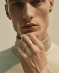 Fashionable portrait of a young man in a beige coat. Studio shot. in the style of gold and light emerald jewelry. Fashion magazine photo shoots.	
