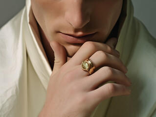 Fashionable portrait of a young man in a beige coat. Studio shot. in the style of gold and light emerald jewelry. Fashion magazine photo shoots.	
