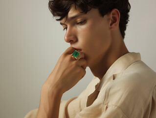 Fashionable portrait of a young man in a beige coat. Studio shot. in the style of gold and light emerald jewelry. Fashion magazine photo shoots.	
