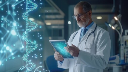 Doctor Analyzing DNA with Tablet