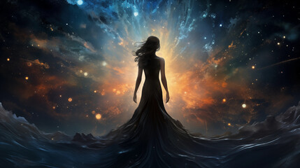 Night Elegance : Charming woman wearing a stylish black dress. with stars and galaxies in the background