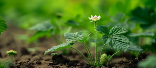 Young strawberry plants with a blossom seen up close.