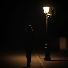 Silhouette of a young woman walking at night park