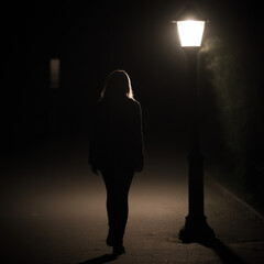 Silhouette of a young woman walking at night park