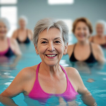 senior woman doing aqua fitness in a pool