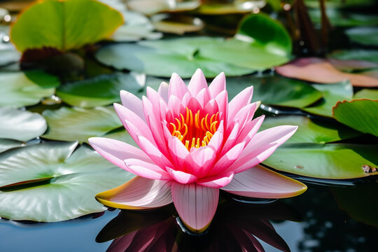 Beautiful pink water lily flower with leaves in a pond, beauty in nature concept banner for wellness, cosmetics, recreation