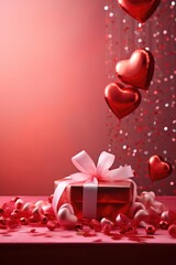 Valentine's day background with red hearts and gift box on red background.