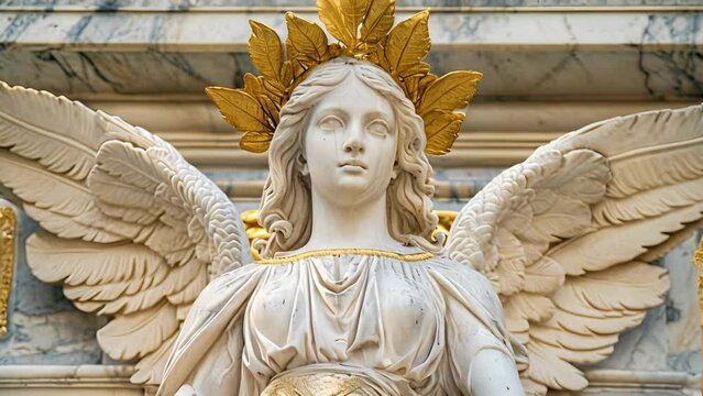 A regal angel adorned in golden robes and holding a crown of leaves representing the balance and unity of all four elements.