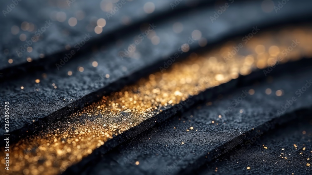 Poster abstract background of black asphalt with golden sparkles, close-up - generative ai
