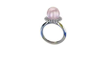 pink pearl on silver ring with diamonds 3D rendering