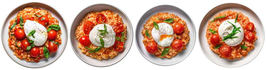 A plate of tomato risotto with burrata, top view