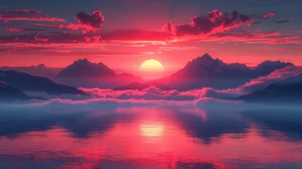 Fototapeten Fantasy landscape with mountains, lake and sunset. illustration. - Generative AI © AlexandraRooss