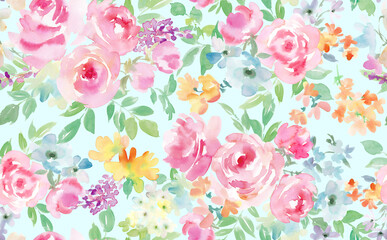 水彩で描いたピンクのバラと草花のシームレスパターン