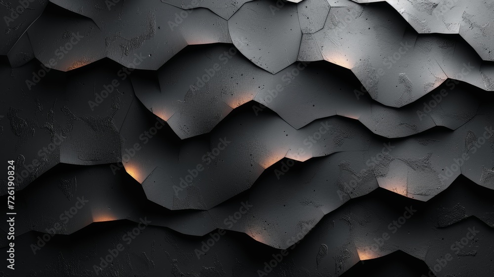 Poster 3d render of cracked black metal background with light and sparkles - generative ai