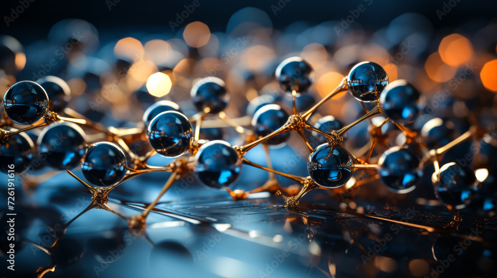 Poster nanotechnology structure with spherical molecules on a hexagonal grid, representing advanced scienti