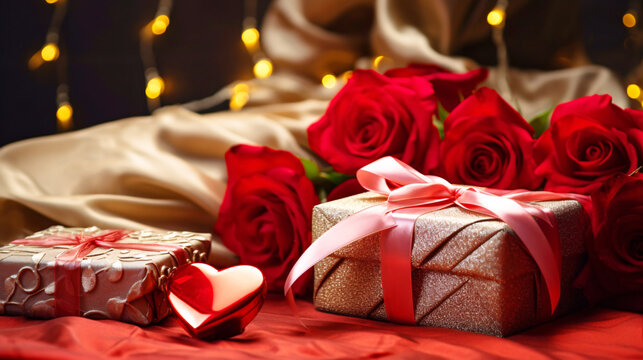 赤いバラの花とプレゼント、ギフトのイメージ背景	