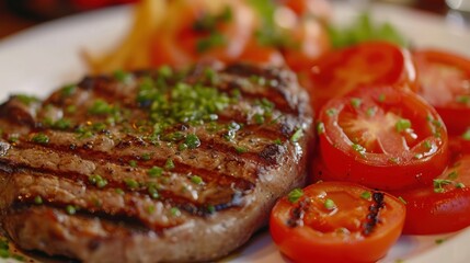 Grilled steak with tomatoes and onion on a plate close-up.