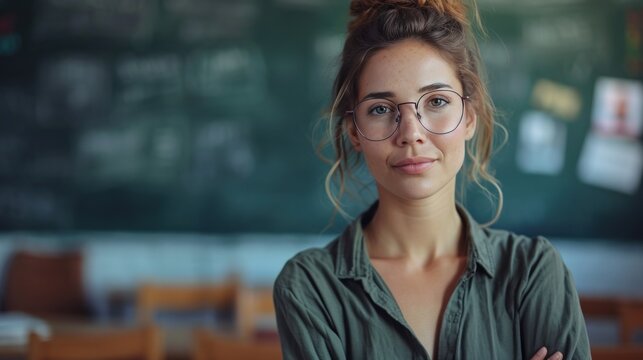 A portrait of a beautiful young female school teacher standing in the classroom on green chalkboard background