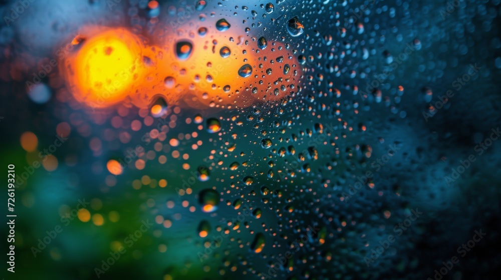 Poster rain drops on window glass with bokeh light background. abstract background. - generative ai