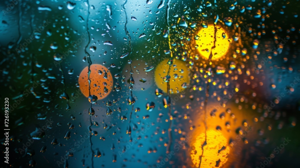 Poster rain drops on window glass with light bokeh background. abstract background. - generative ai