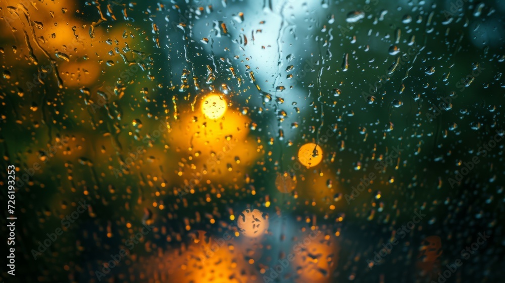 Poster rain drops on the window with bokeh light background, rainy day - generative ai