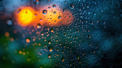 Rain drops on window glass with bokeh light background. Abstract background. - Generative AI