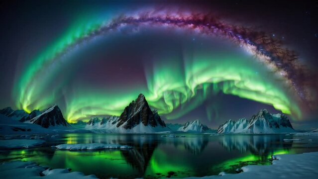 Motion Aurora Green Purple and Milky Way Galaxy Over Iceberg Loop