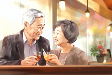 Fototapeta na wymiar The concept of an active social lifestyle for older people. An elderly couple drinks alcoholic drinks in a bar or restaurant. Lovers enjoying happy hour at the bar.