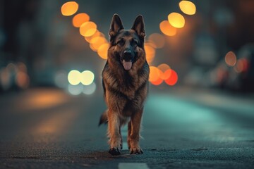 A big German Shepherd dog runs along the road at night with beautiful lights. - obrazy, fototapety, plakaty