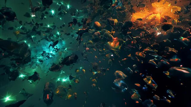 Numerous fragments and explosions floating in space, with light-emitting debris scattered around, some engulfed by a large orange explosion. Intense movement and the clash of energy are felt amidst th