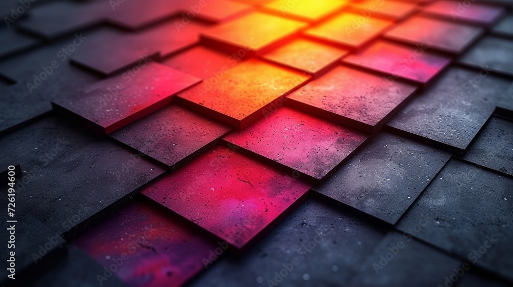 Poster abstract metal background with a lot of colorful square tiles, 3d render illustration - generative a
