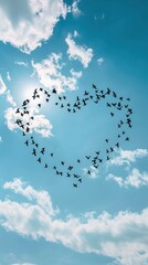 Obraz premium A flock of birds flying in the sky form a heart shape, beautiful sky, bright summer day