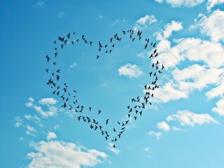 A flock of birds flying in the sky form a heart shape, beautiful sky, bright summer day