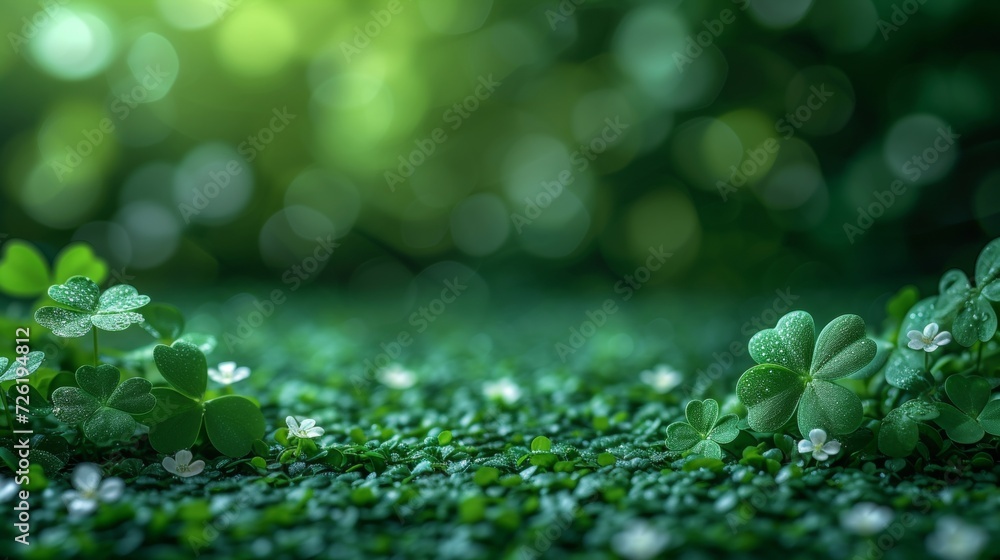 Poster St. Patrick's Day background with clover leaves and bokeh - Generative AI